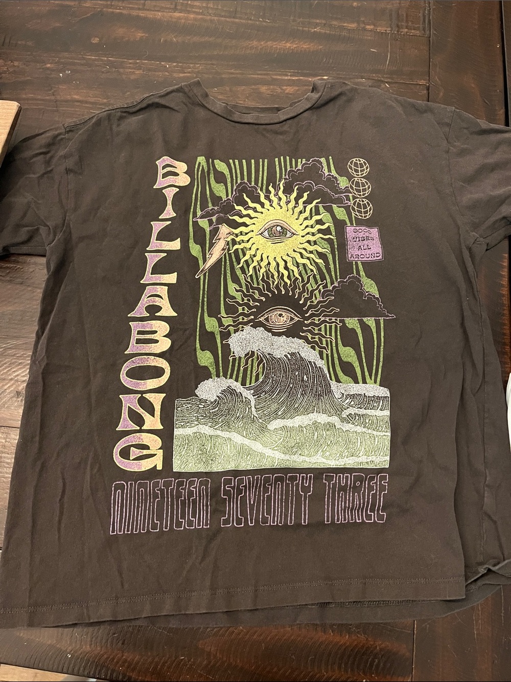 Billabong Black Short-Sleeve Tee with Neon Wave & Eye Graphic